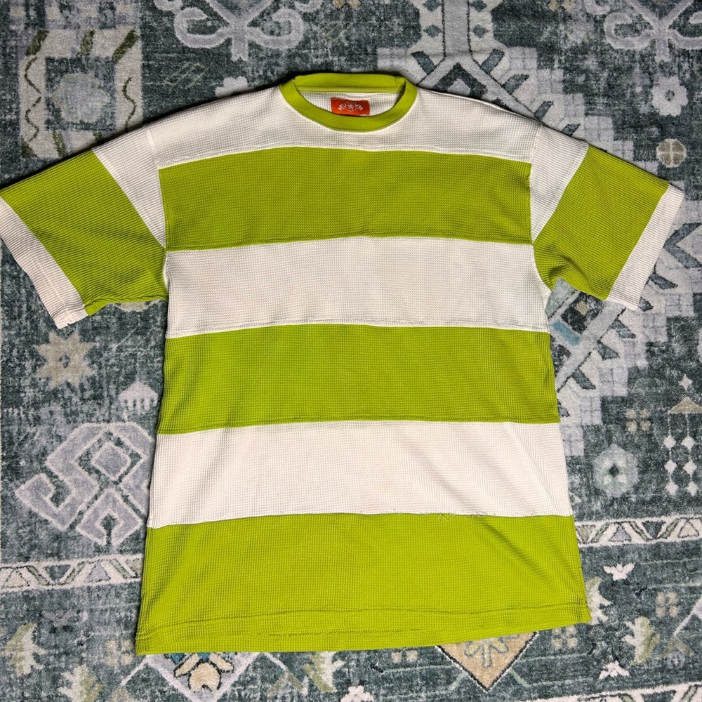 Men’s Green and White Striped Short Sleeve Tee